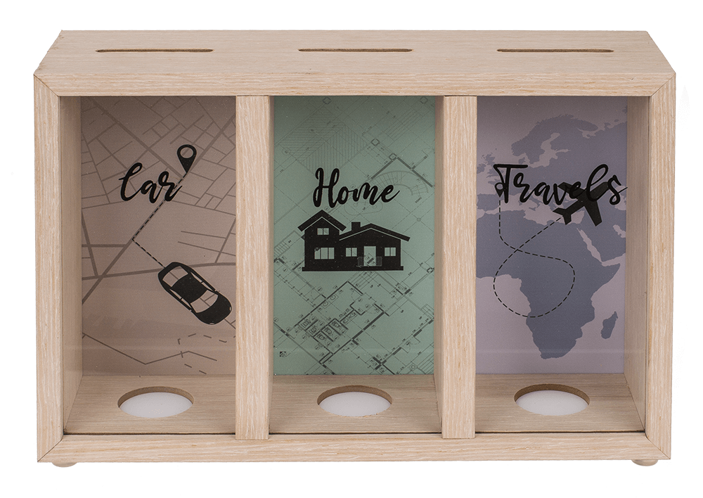 Geldkassette aus Holz mit 3 Fächern - Car, Home, Travel