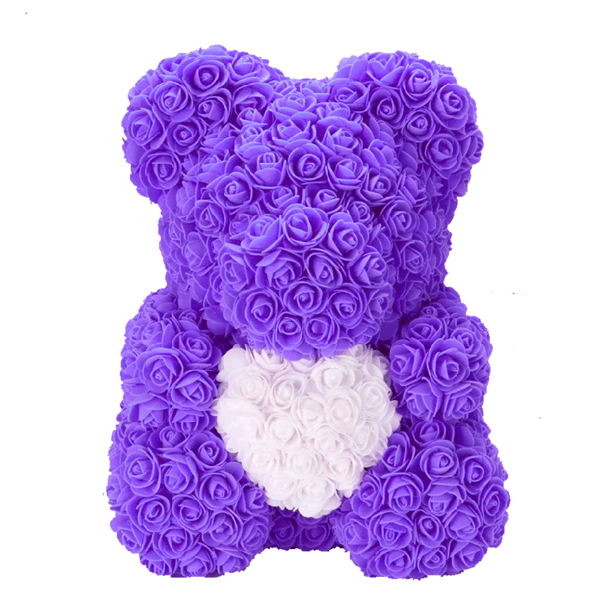 Teddybär aus Rosen - lila mit Herz 40 cm