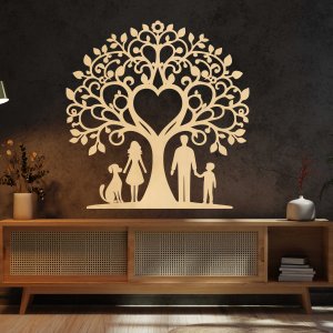 Familienbaum aus Holz für die Wand - Papa, Mama, Sohn und Hund