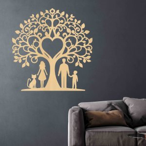 Familienbaum aus Holz für die Wand - Mama, Papa, Sohn und Katze