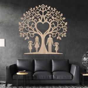 Familienbaum aus Holz für die Wand - Mama, Papa und zwei Töchter