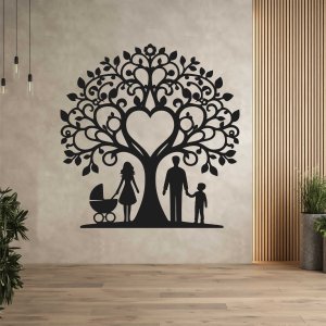 Familienbaum aus Holz für die Wand - Mama, Papa, Sohn und Kinderwagen