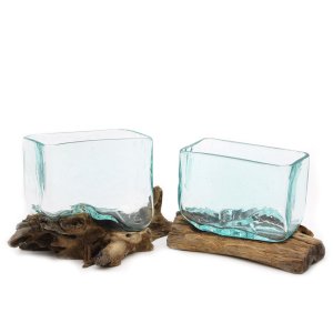 Geschmolzenes Glas auf Holz - 2 x Große quadratische Schale
